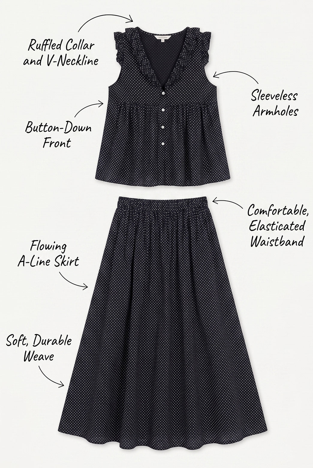 Midnight Polka Dot Ruffle Skirt Set