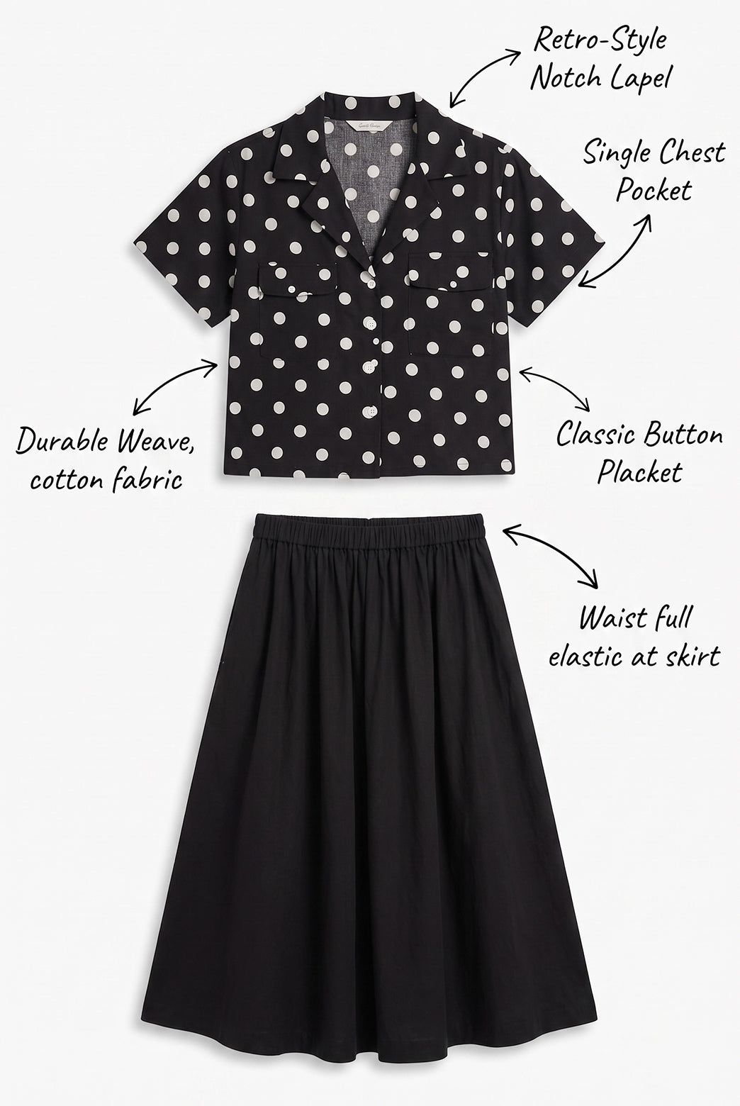 Vintage Polka Dot Midi Skirt Set