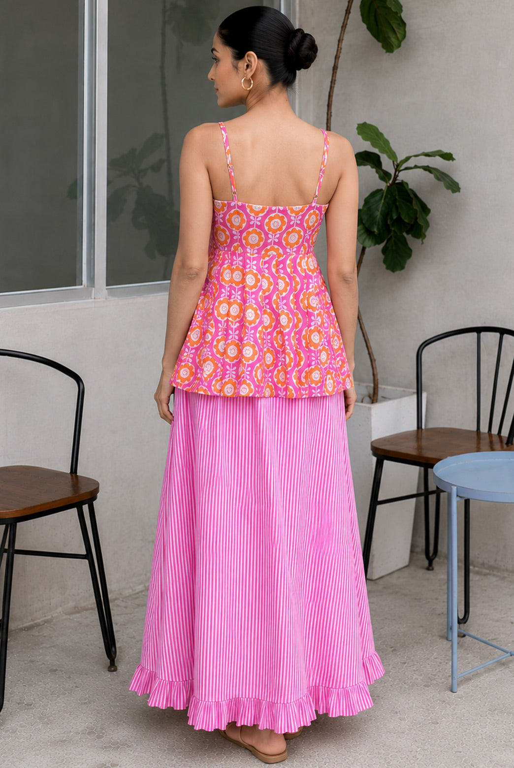 Pink Floral Peplum Top with Striped Maxi Skirt