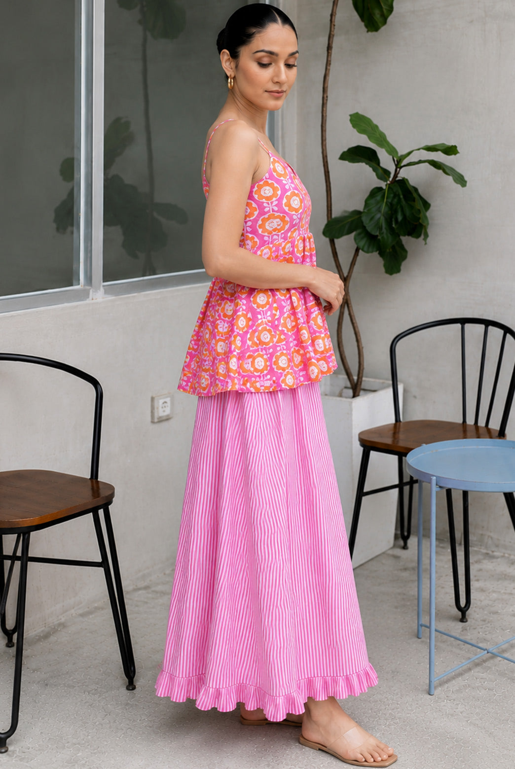 Pink Floral Peplum Top with Striped Maxi Skirt