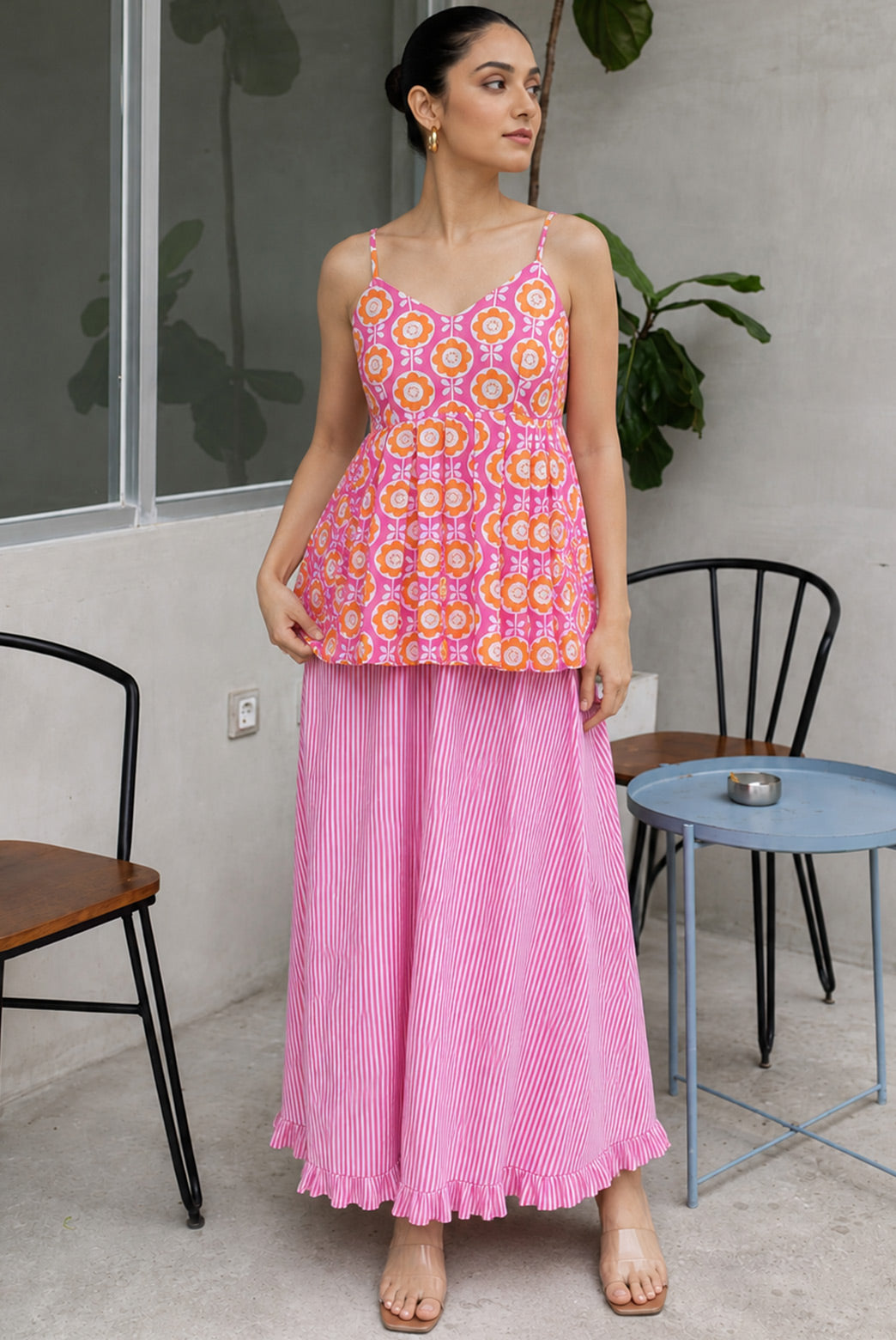 Pink Floral Peplum Top with Striped Maxi Skirt
