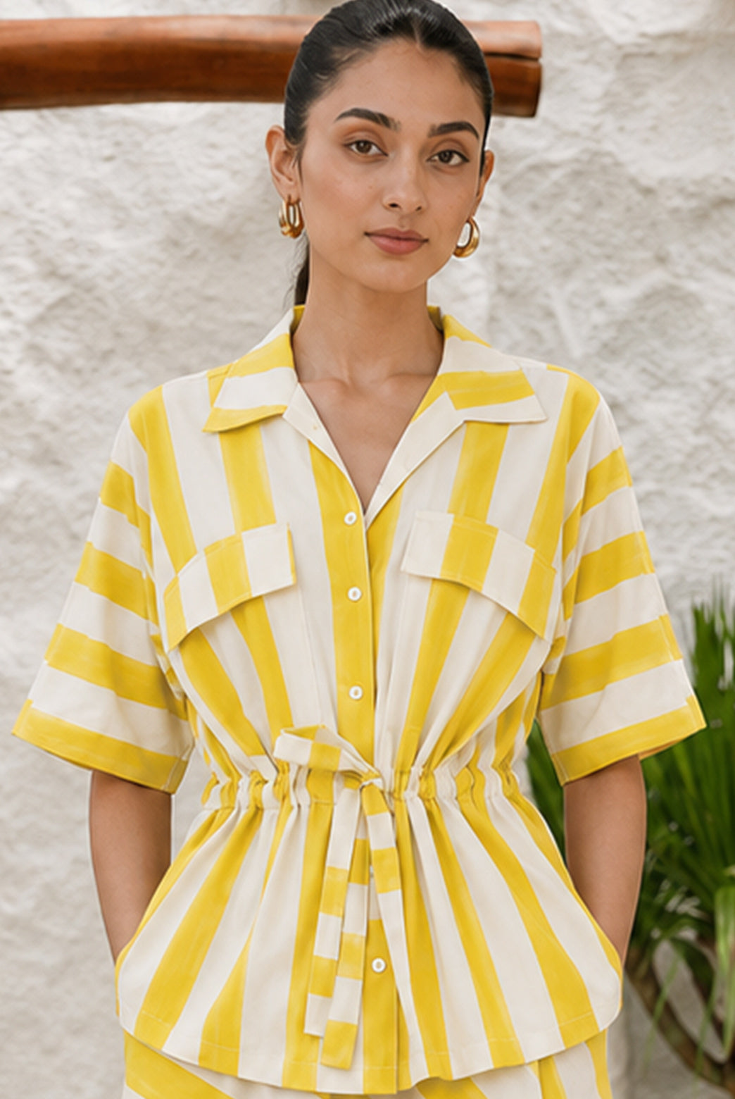 Yellow Striped Tie-Waist Shirt & Flared Skirt Set