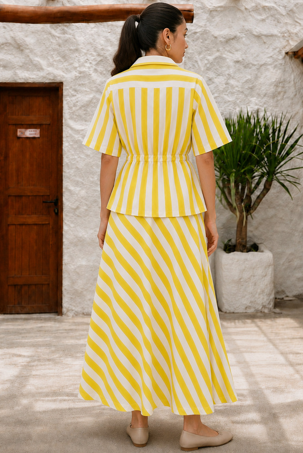 Yellow Striped Tie-Waist Shirt & Flared Skirt Set