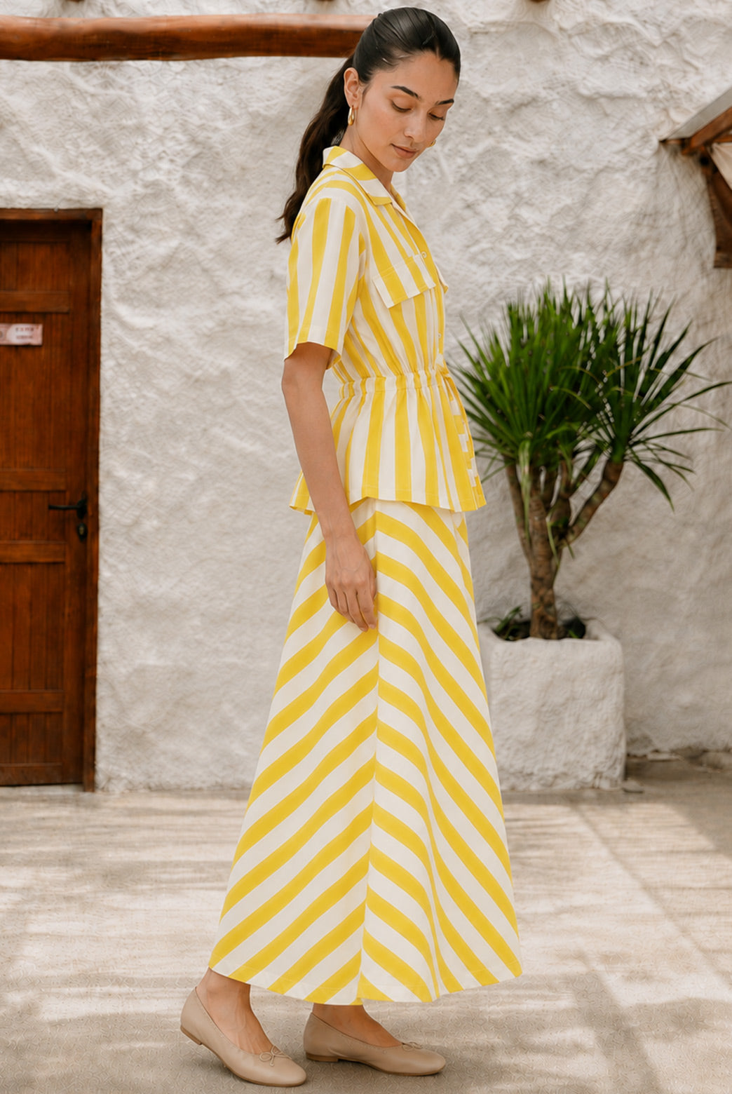 Yellow Striped Tie-Waist Shirt & Flared Skirt Set