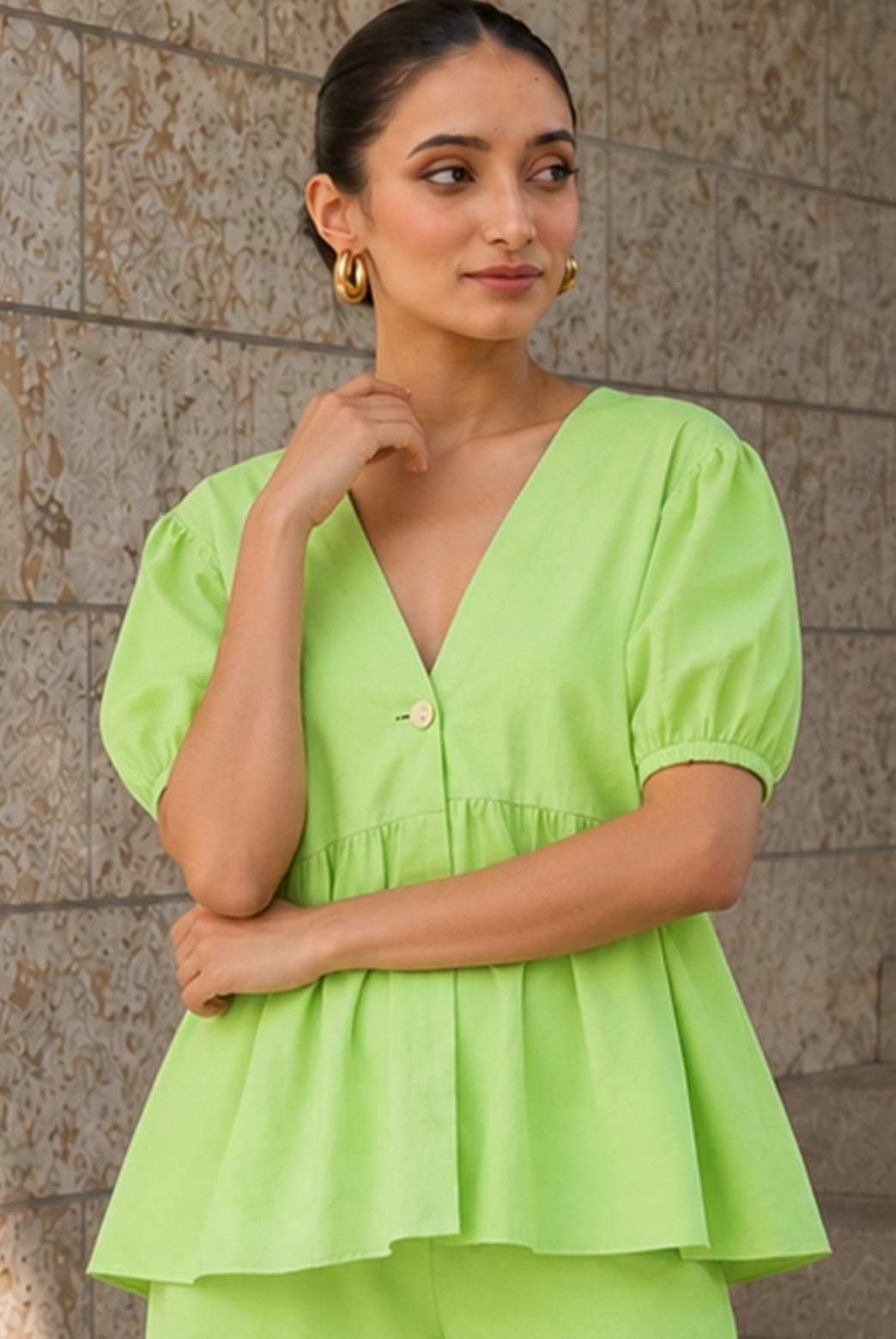 Lime Green Cotton Poplin Peplum Co-Ord Set