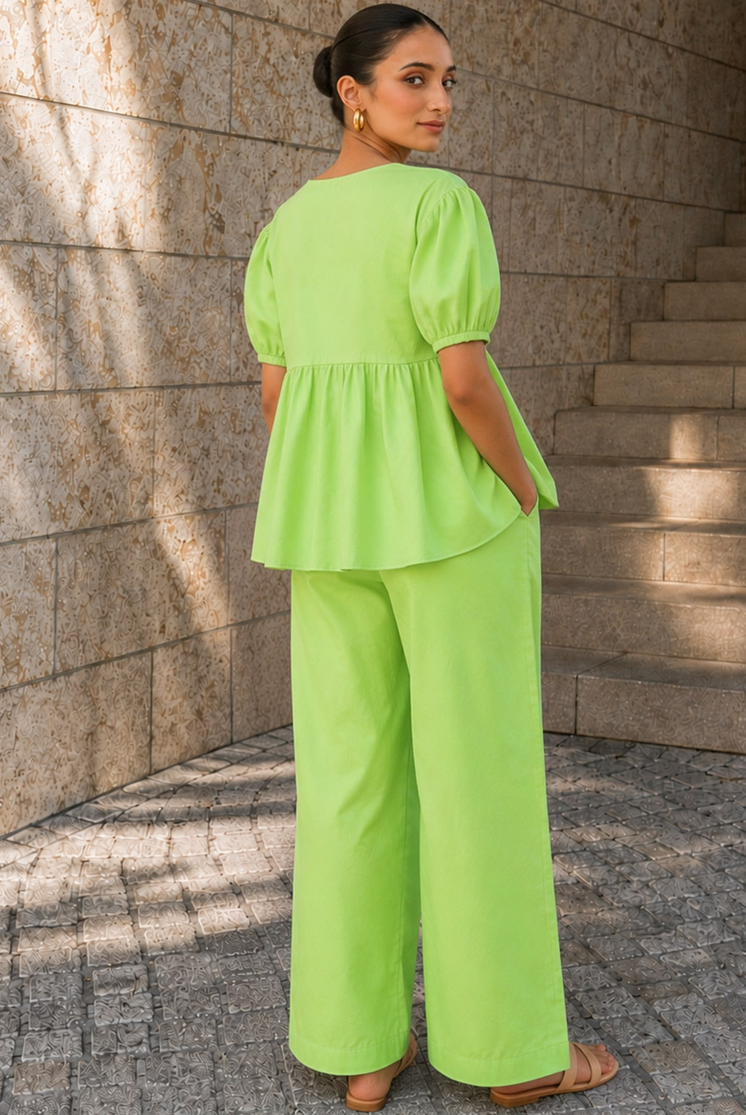 Lime Green Cotton Poplin Peplum Co-Ord Set