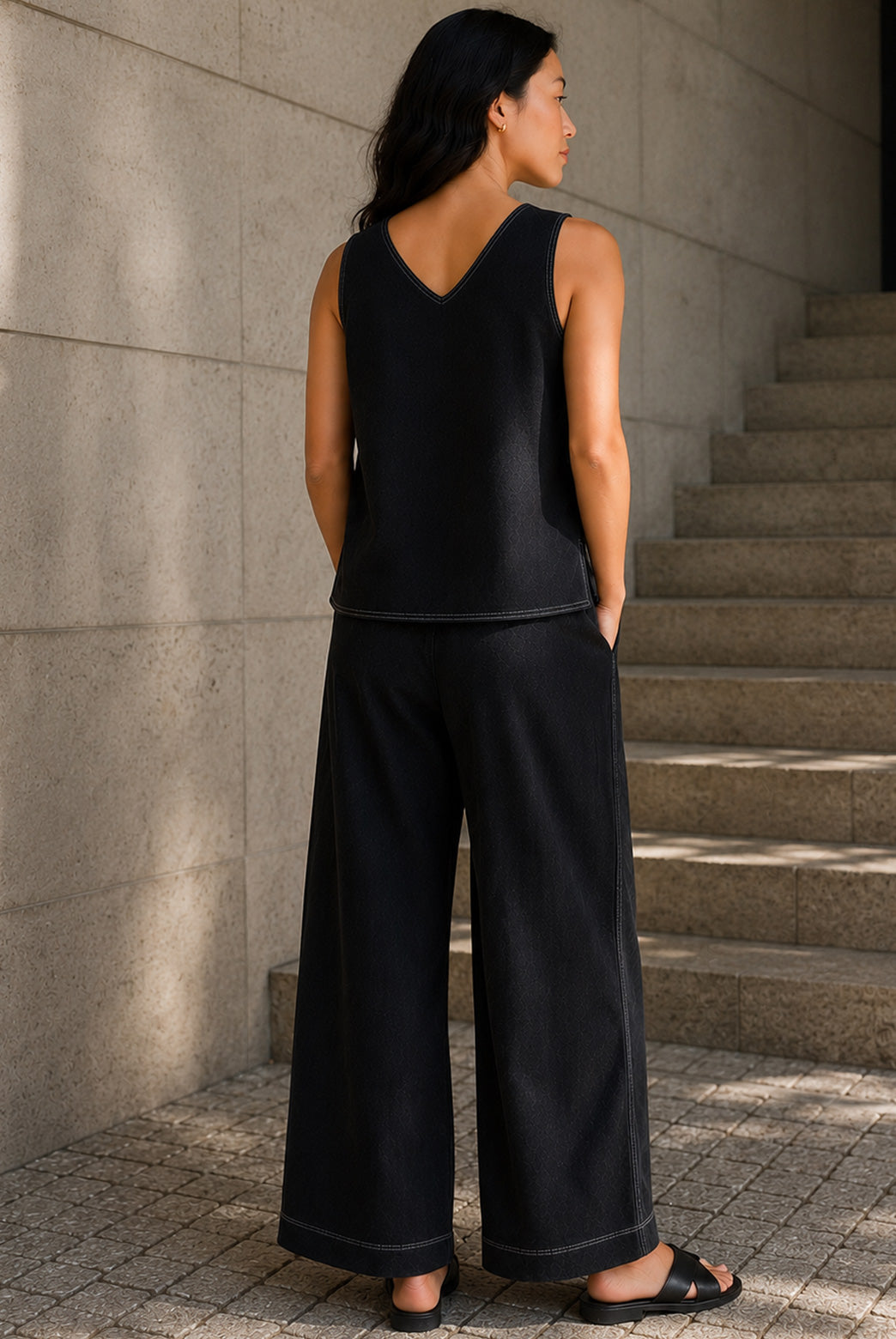 Black Contrast Stitch Sleeveless Co-Ord Set