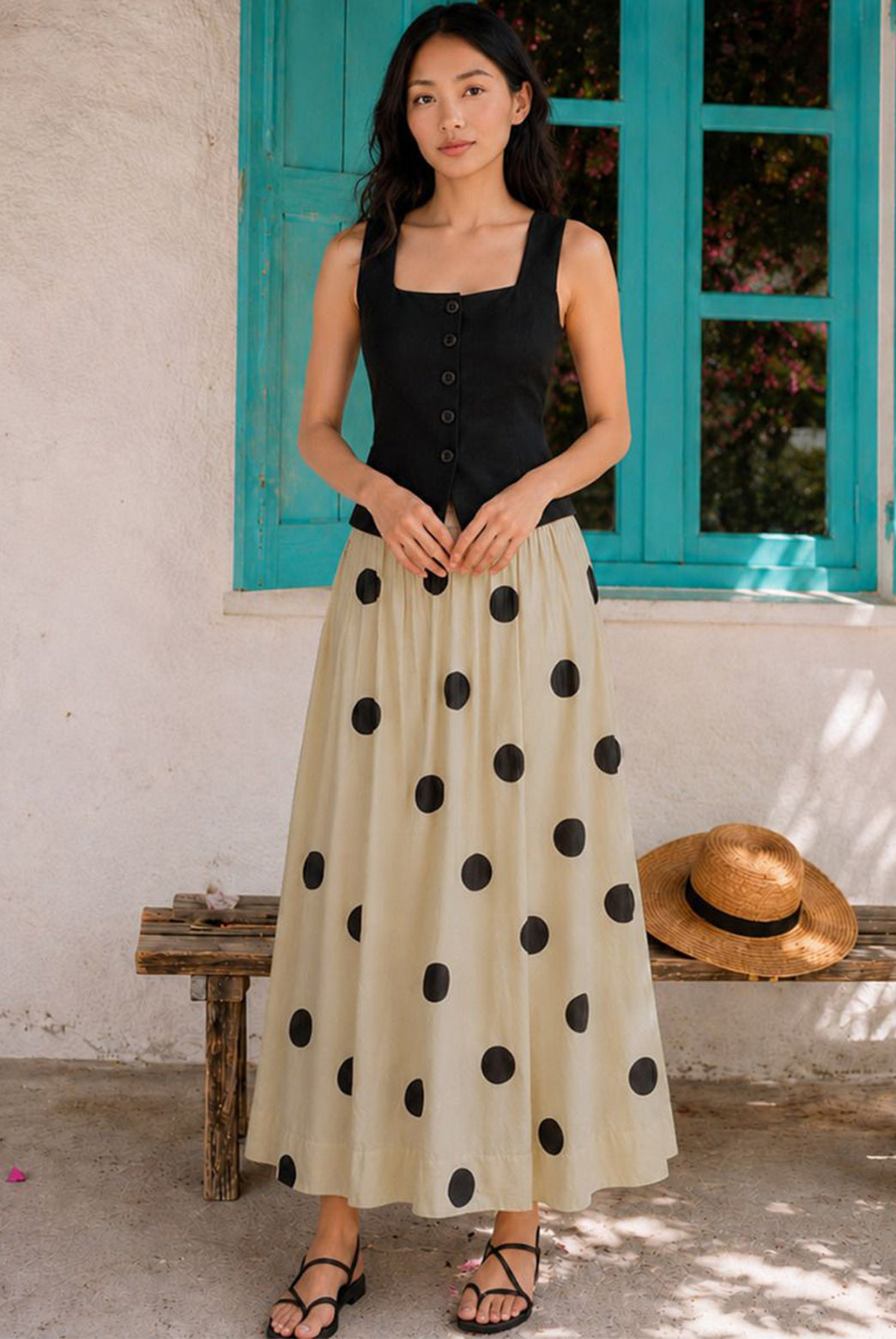 Black Vest & Polka Dot Maxi Skirt Set