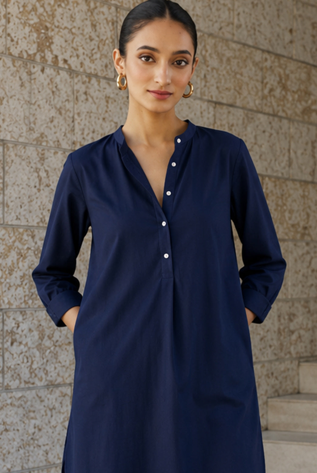 Navy Blue Cotton Poplin Tunic Co-Ord Set