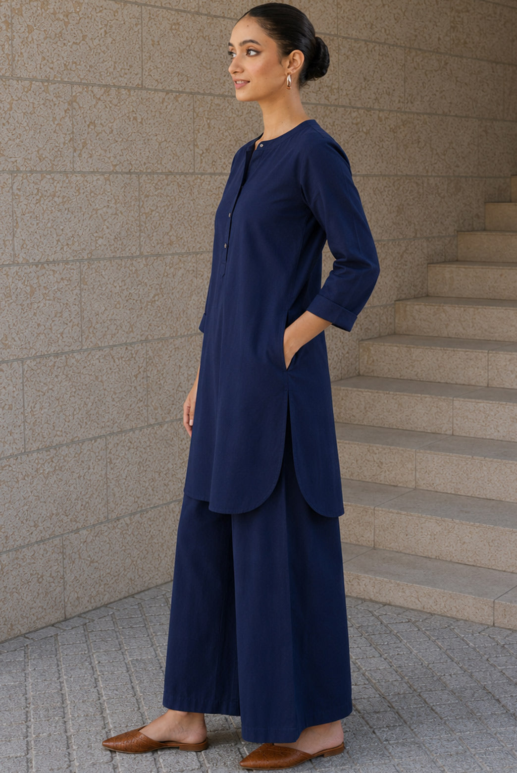 Navy Blue Cotton Poplin Tunic Co-Ord Set