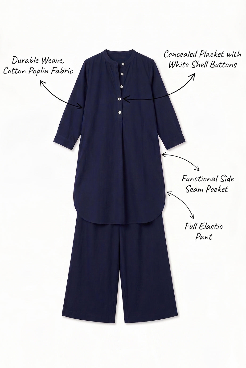 Navy Blue Cotton Poplin Tunic Co-Ord Set