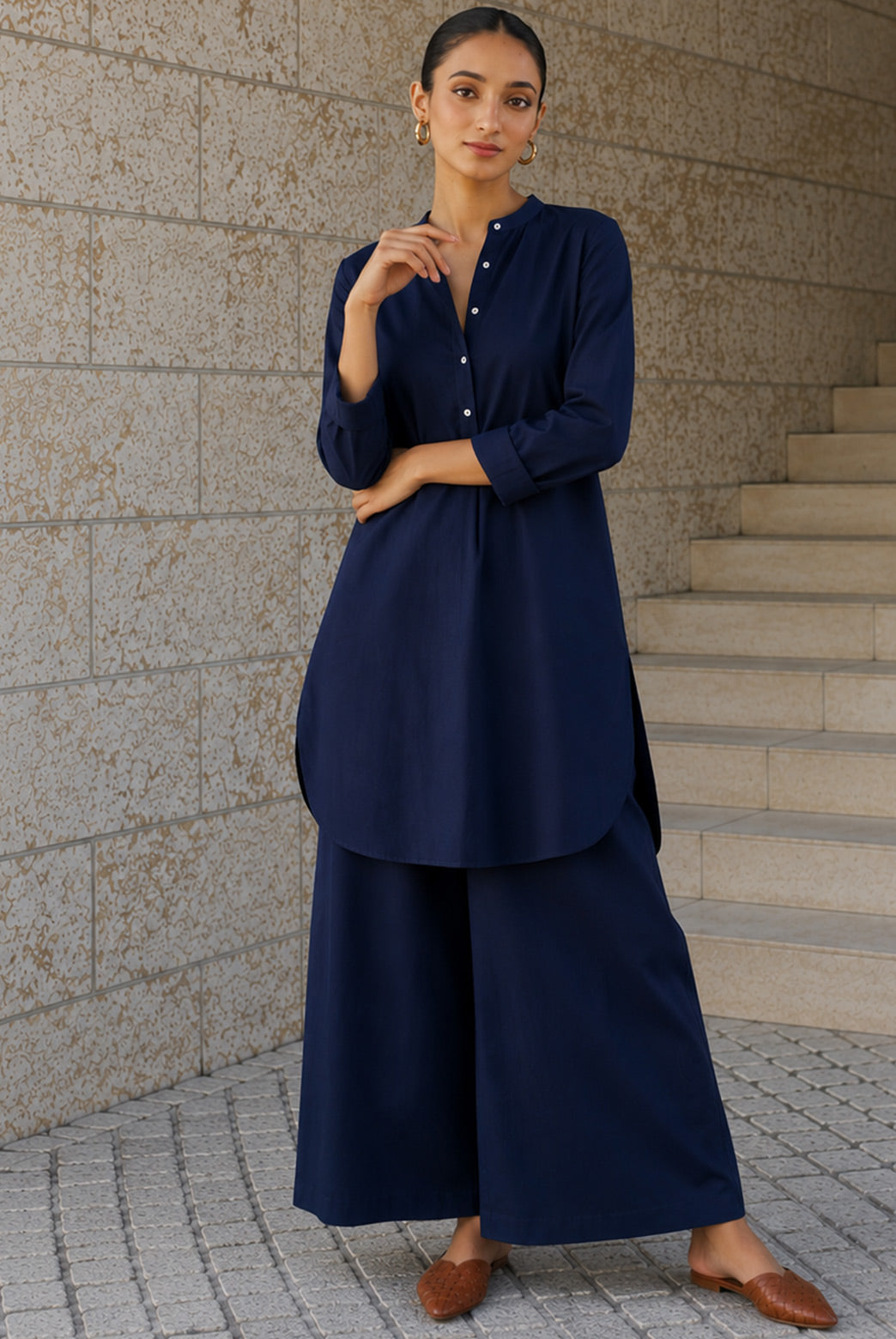 Navy Blue Cotton Poplin Tunic Co-Ord Set