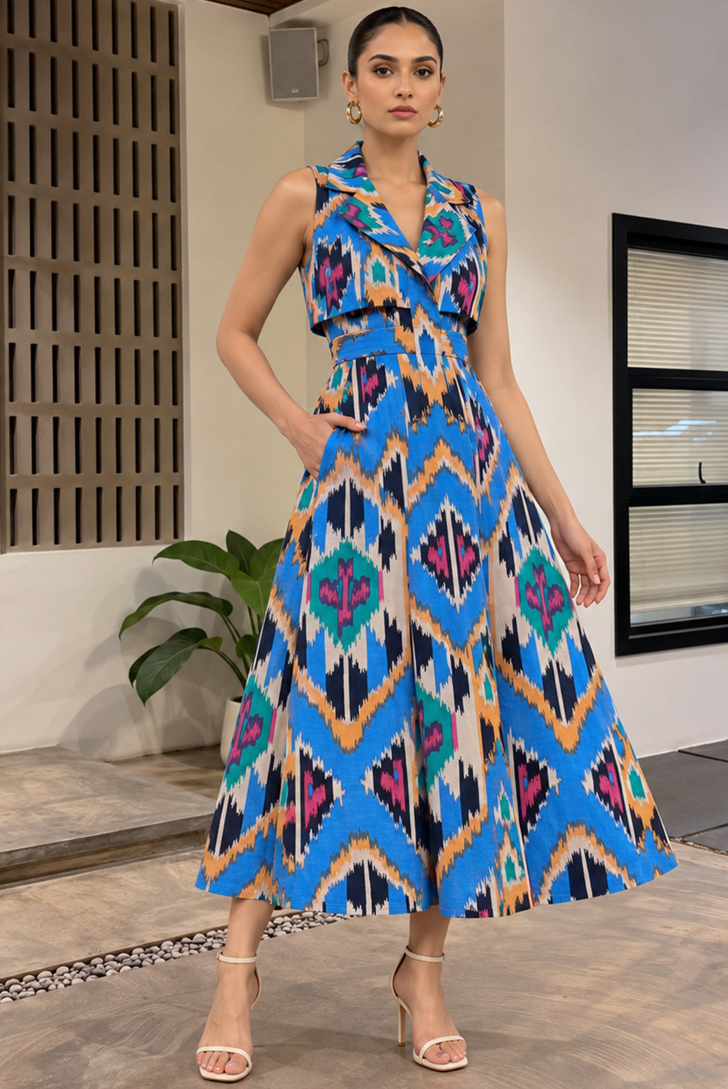 Blue Ikat Midi Dress With Lapel Collar
