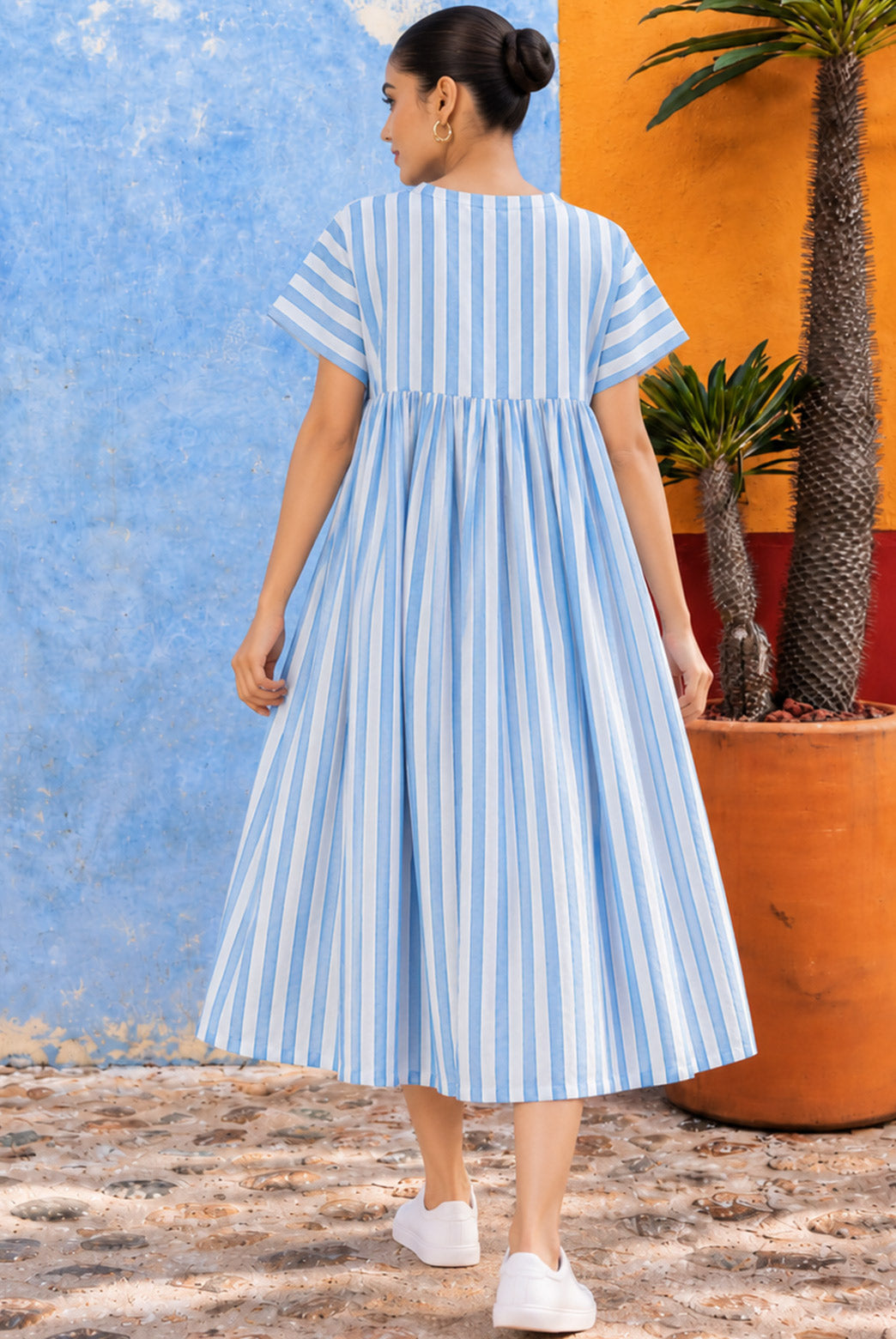 Sky Blue Striped Kaftan Midi Dress