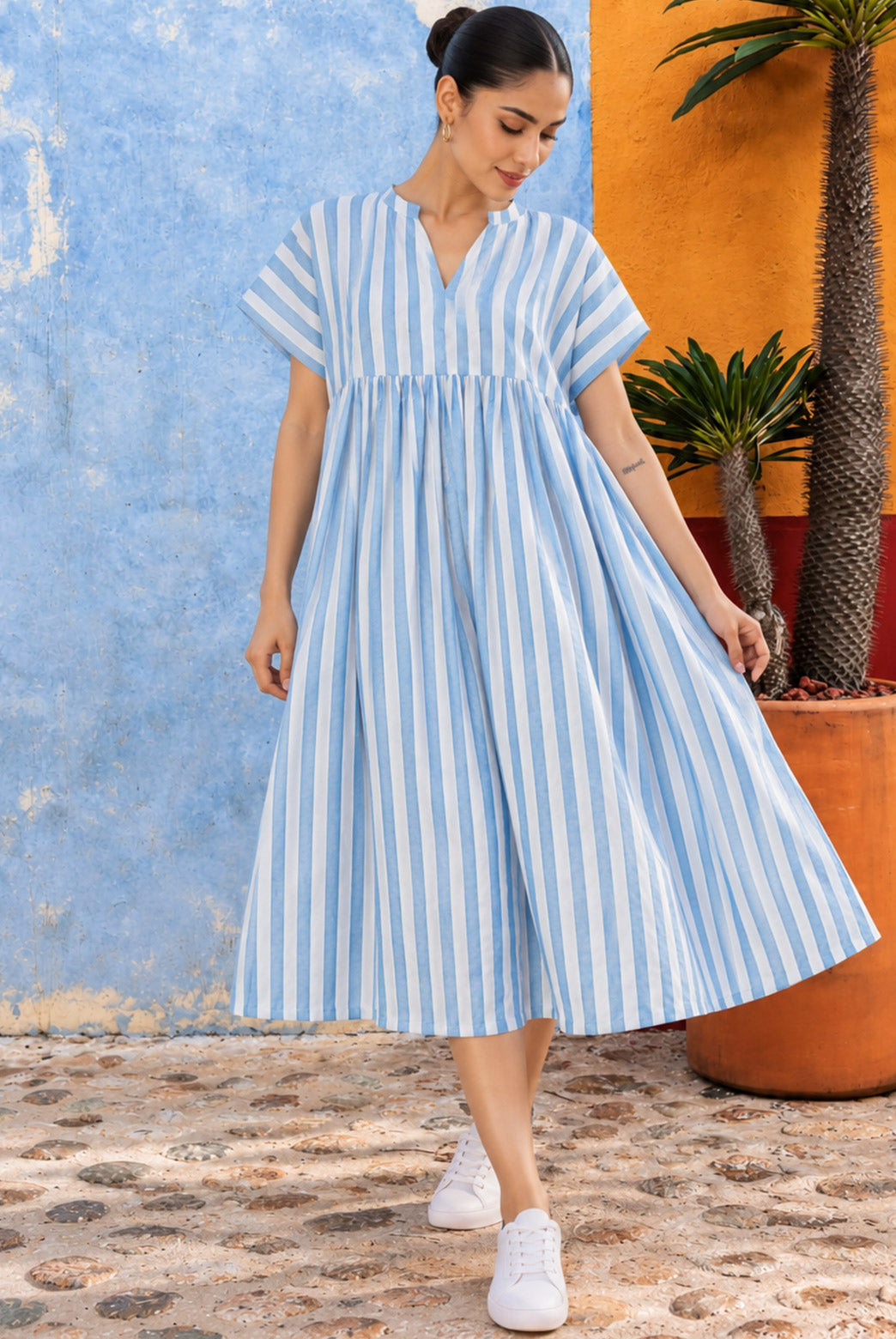 Sky Blue Striped Kaftan Midi Dress
