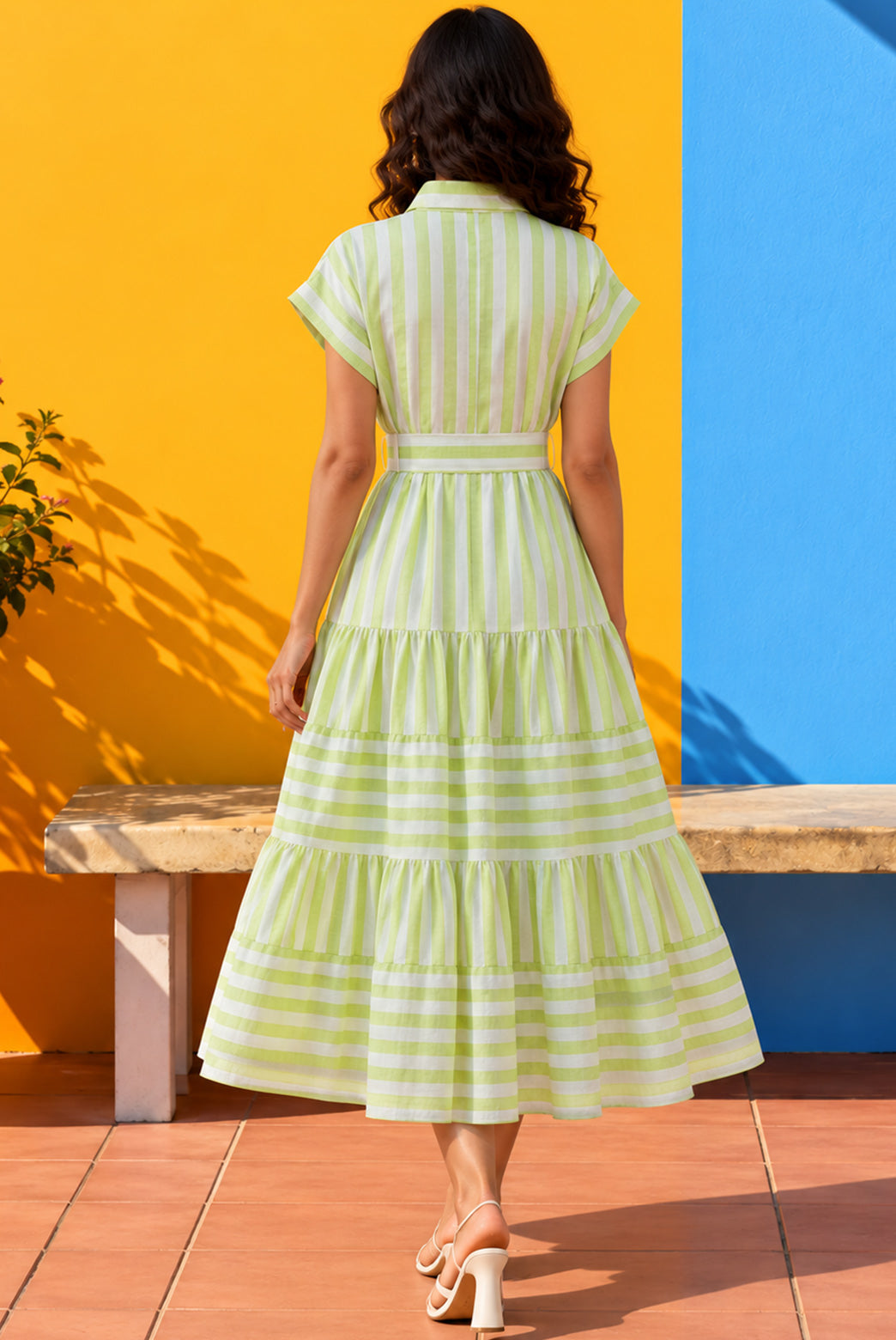 Light Green Striped Tiered Shirt Midi Dress