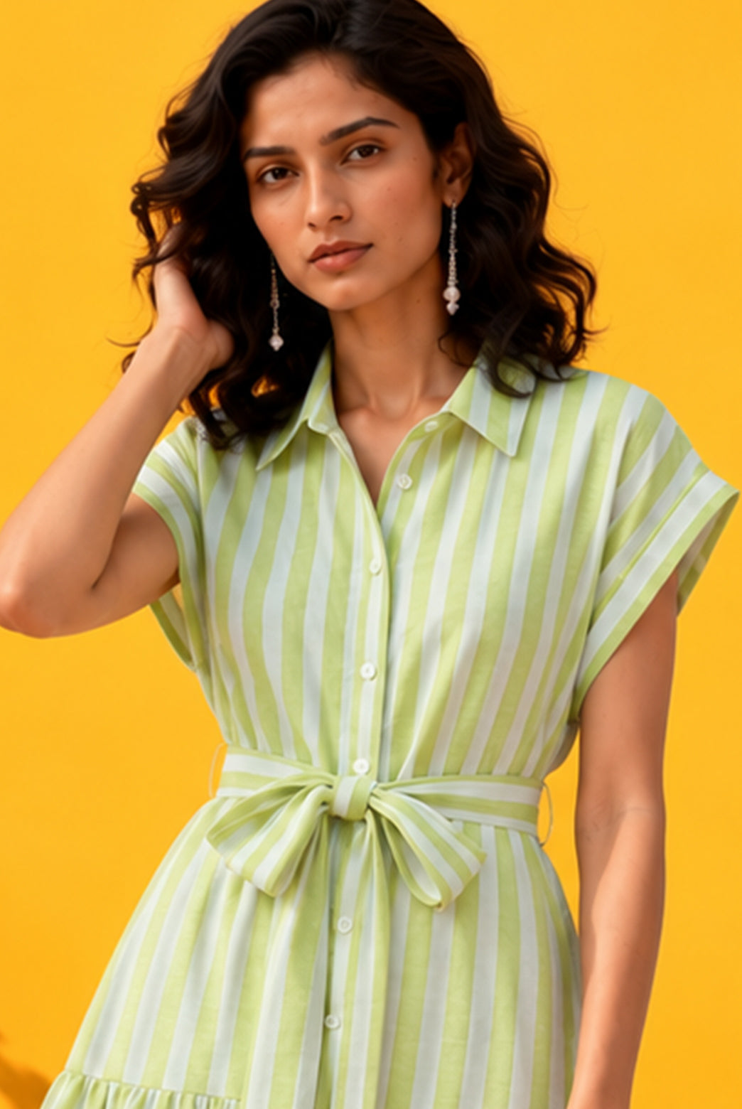 Light Green Striped Tiered Shirt Midi Dress