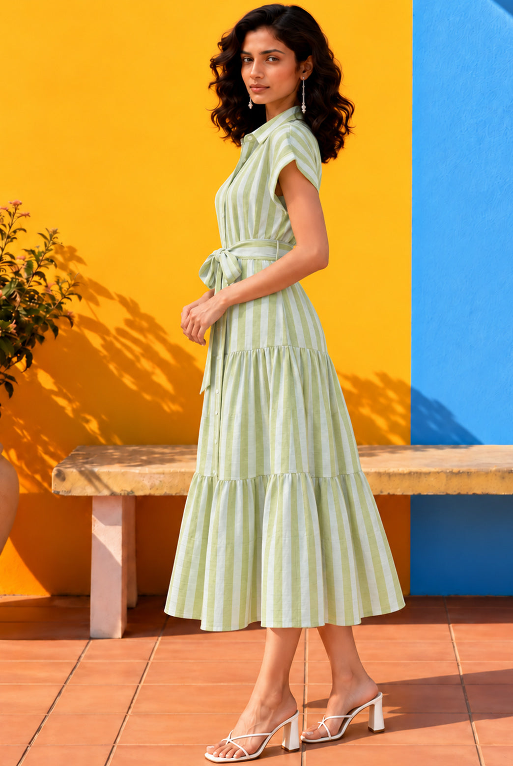 Light Green Striped Tiered Shirt Midi Dress