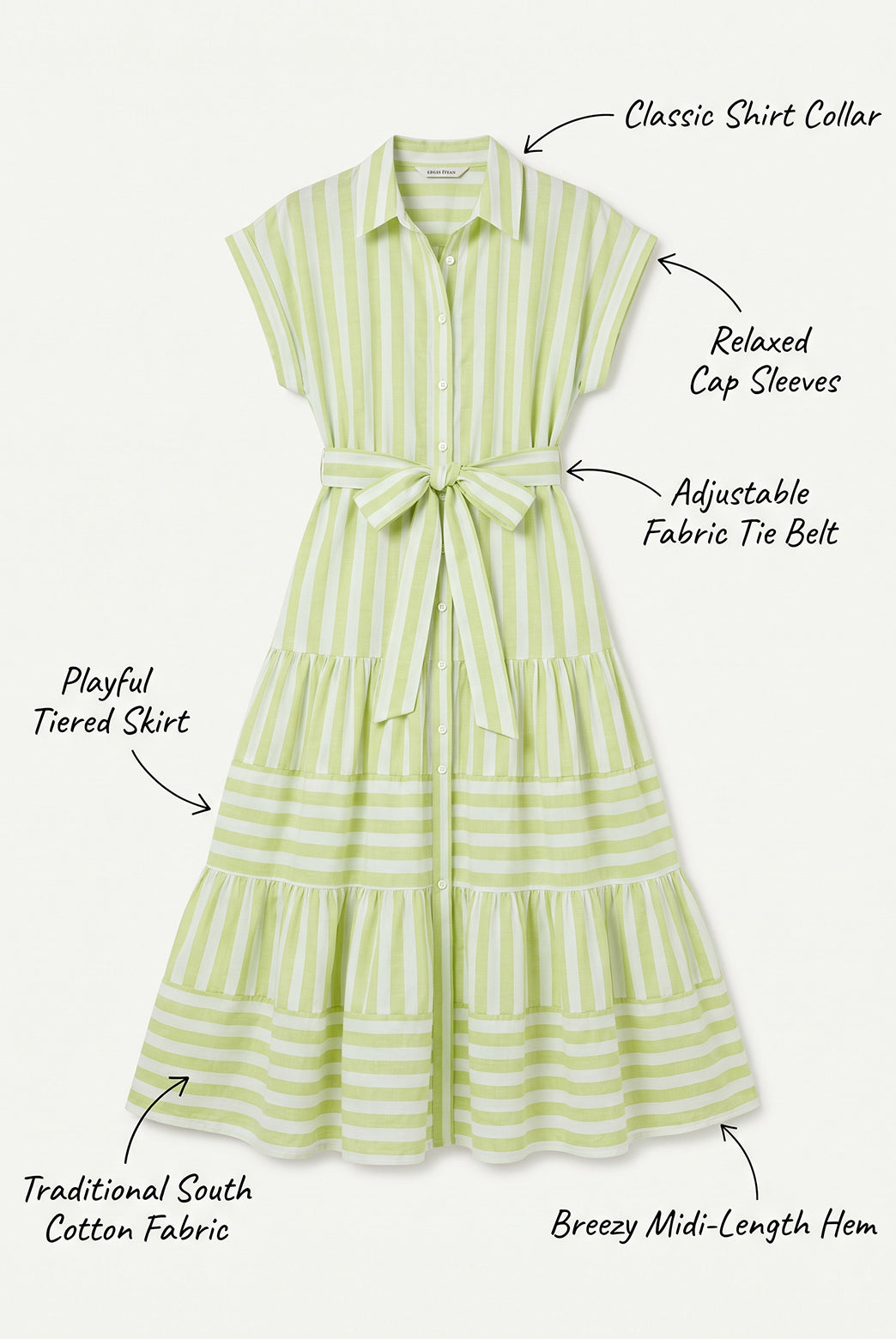Light Green Striped Tiered Shirt Midi Dress