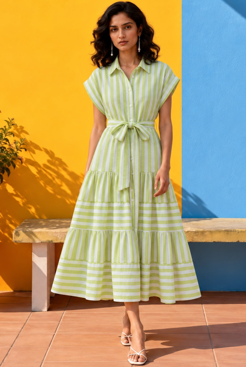 Light Green Striped Tiered Shirt Midi Dress