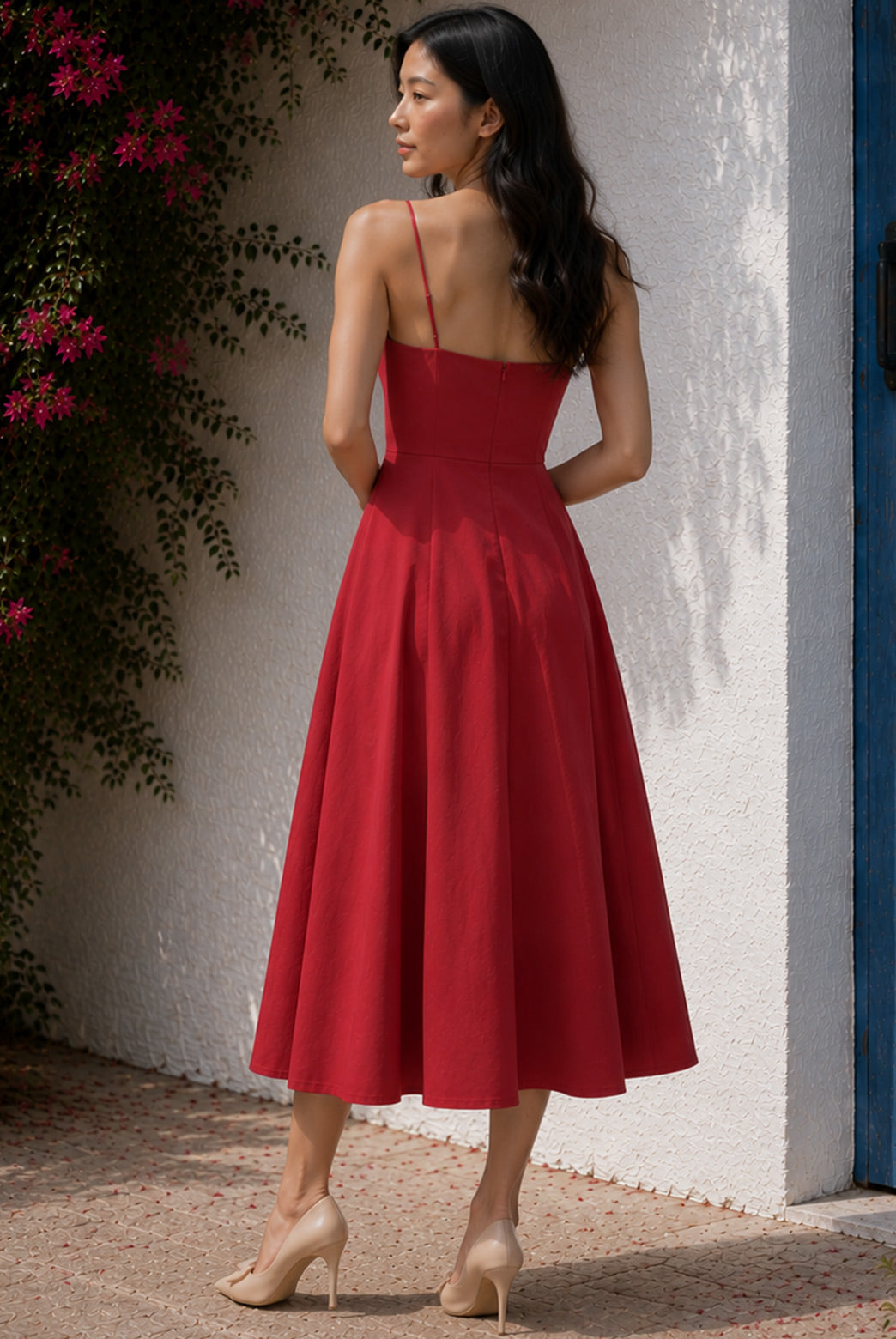 Spaghetti Strap Fit & Flare Dress in Maroon