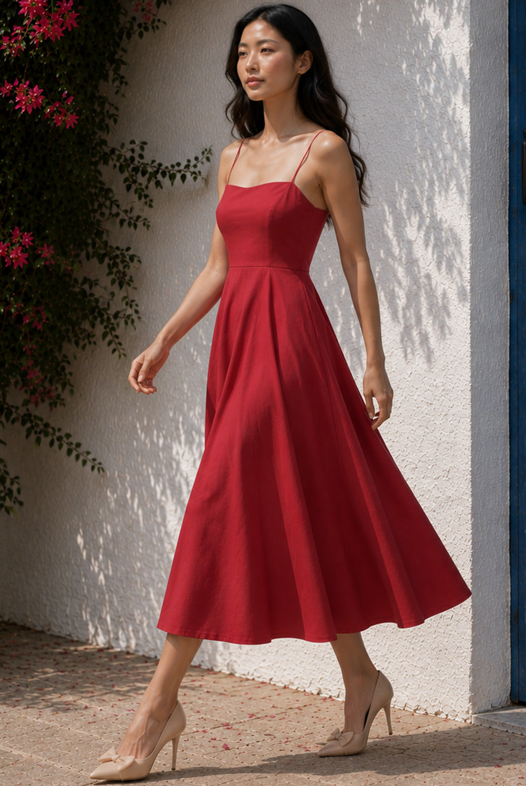Spaghetti Strap Fit & Flare Dress in Maroon