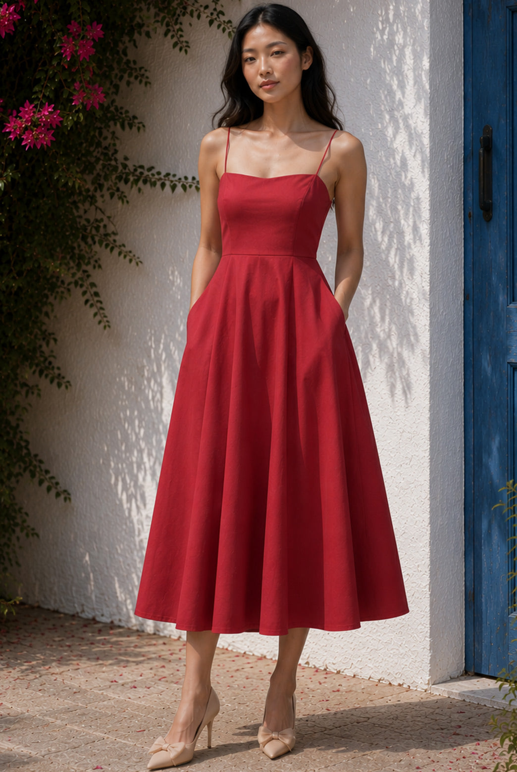 Spaghetti Strap Fit & Flare Dress in Maroon