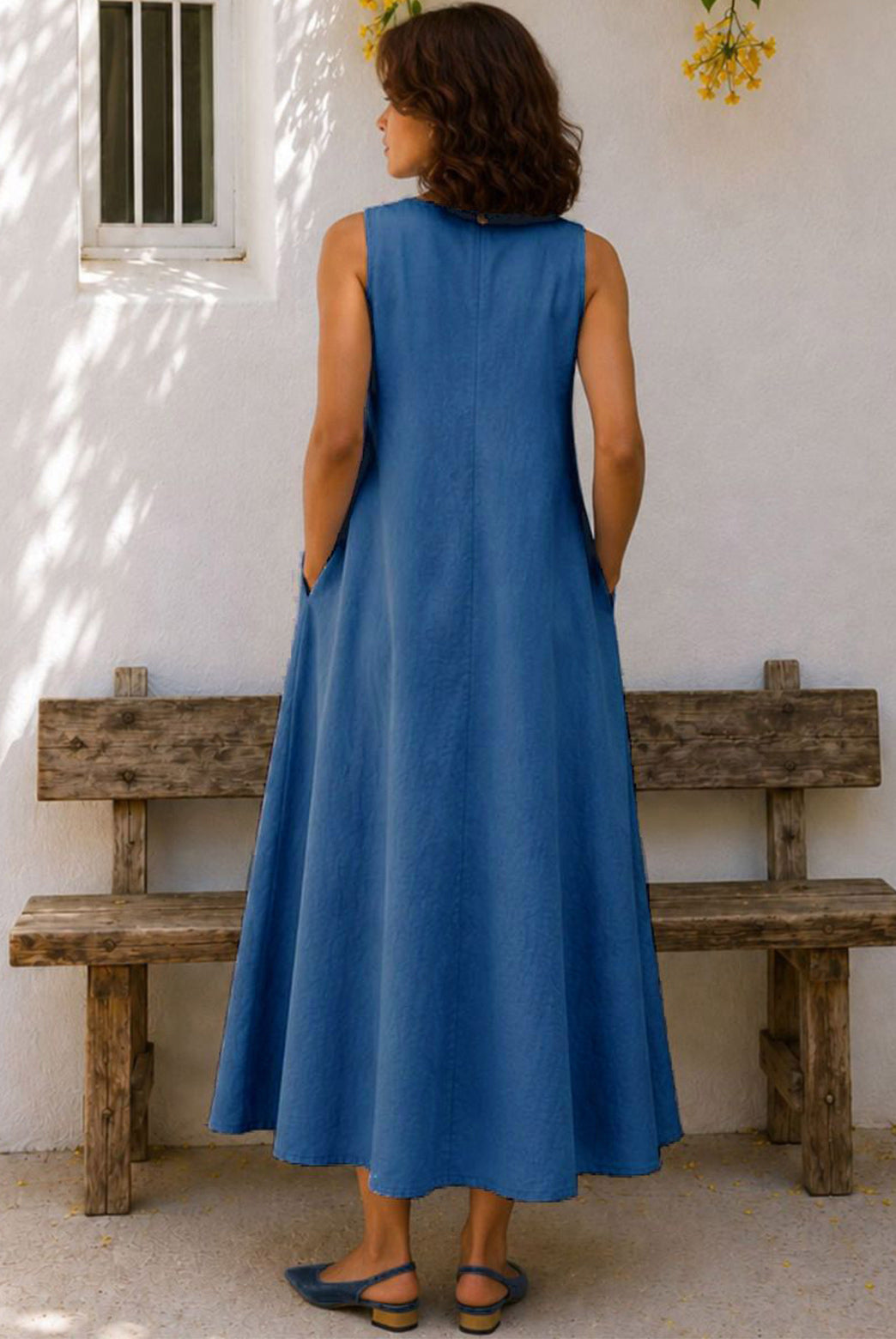 Sleeveless V-Neck Cotton Flax Midi Dress