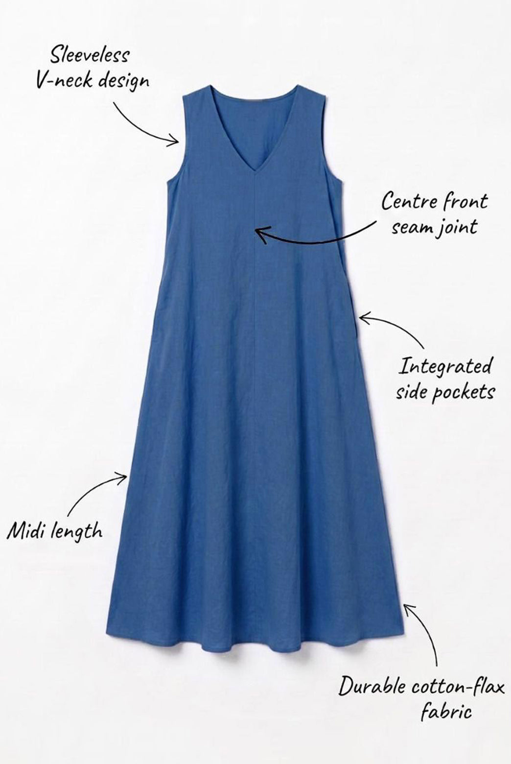 Sleeveless V-Neck Cotton Flax Midi Dress