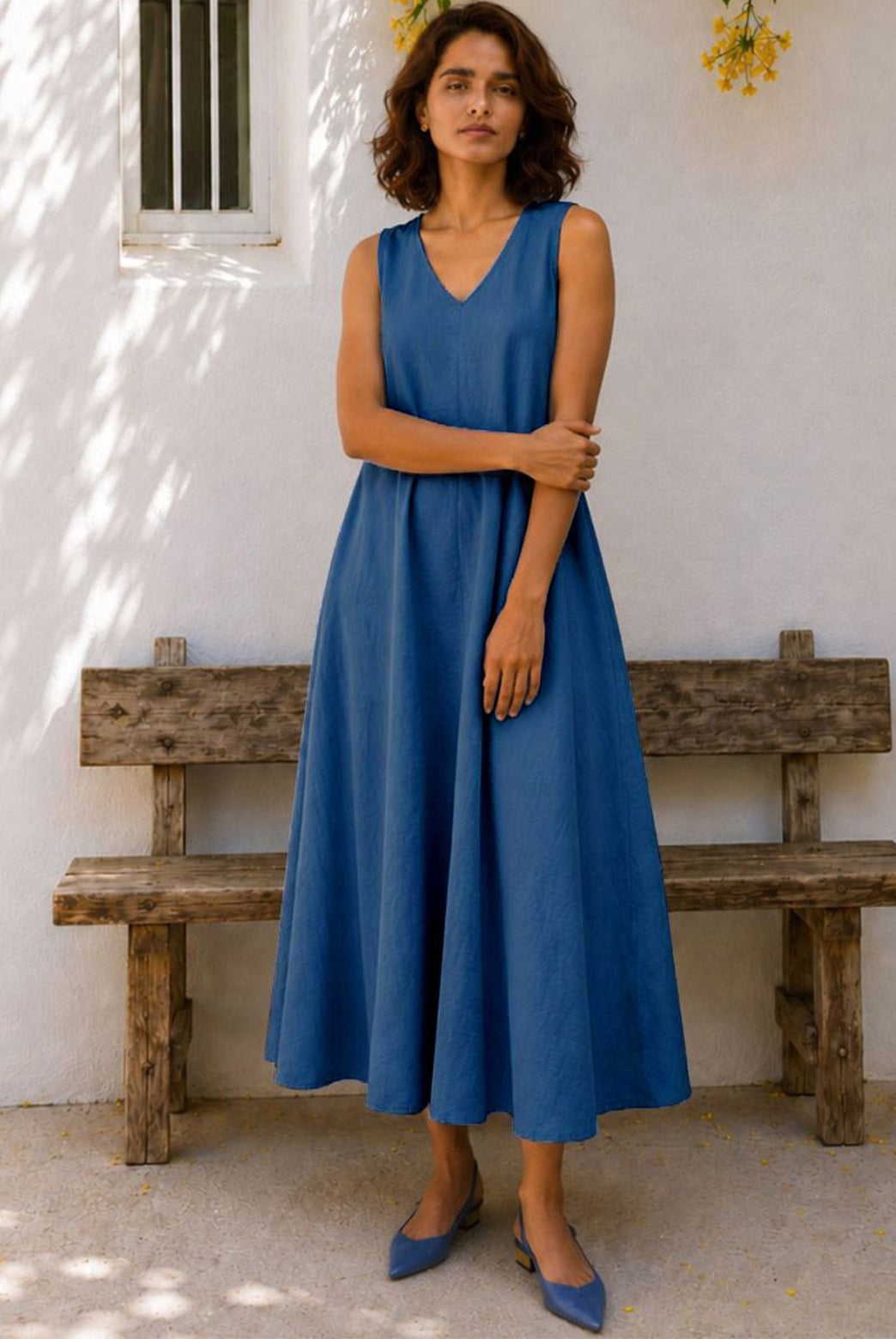 Sleeveless V-Neck Cotton Flax Midi Dress