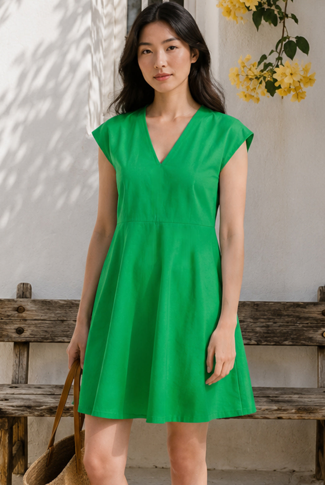 Emerald Green Poplin V-Neck Mini Dress