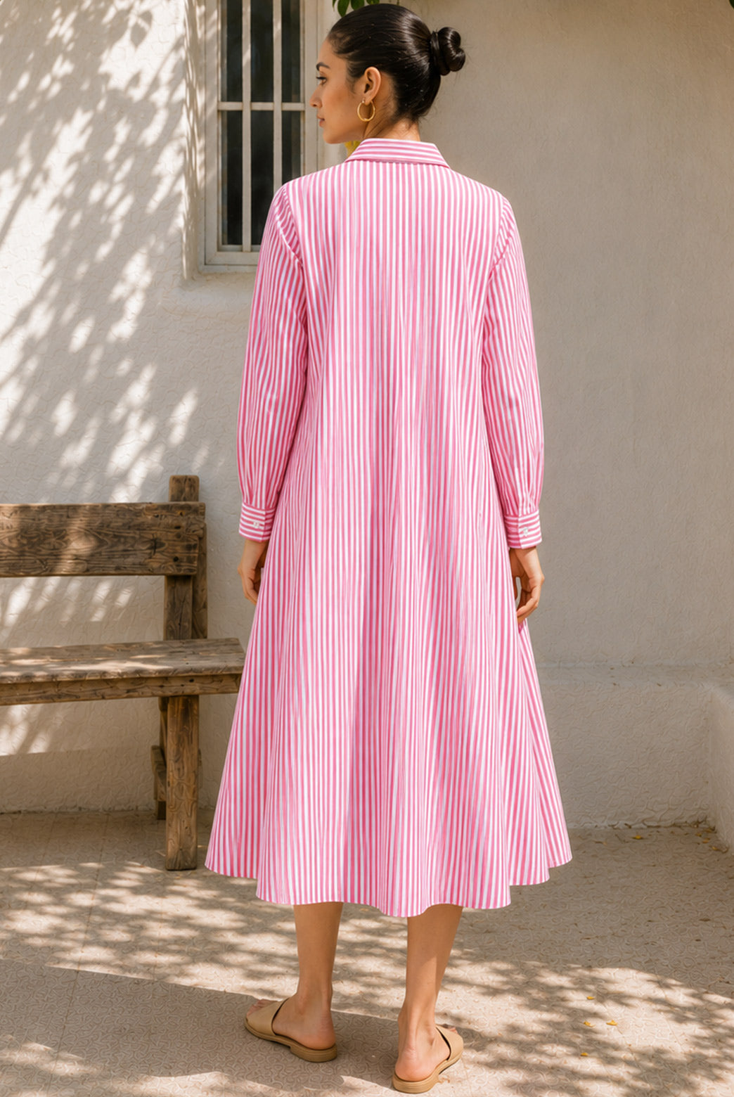 Pink Striped Cotton Shirt Midi Dress