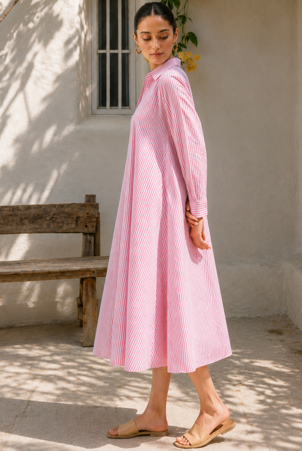 Pink Striped Cotton Shirt Midi Dress