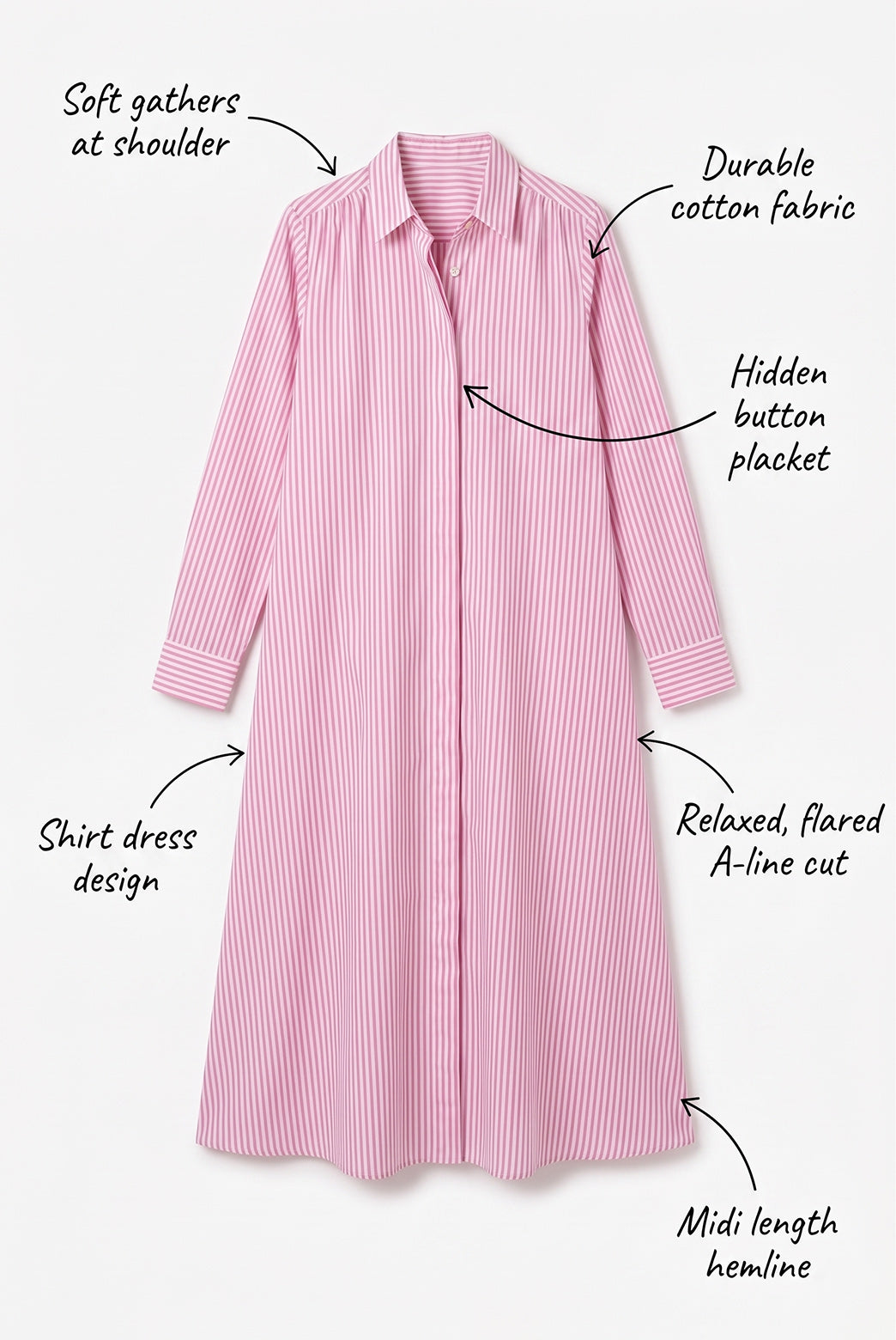 Pink Striped Cotton Shirt Midi Dress