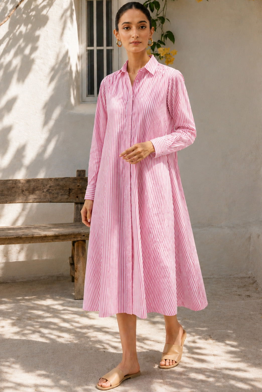 Pink Striped Cotton Shirt Midi Dress