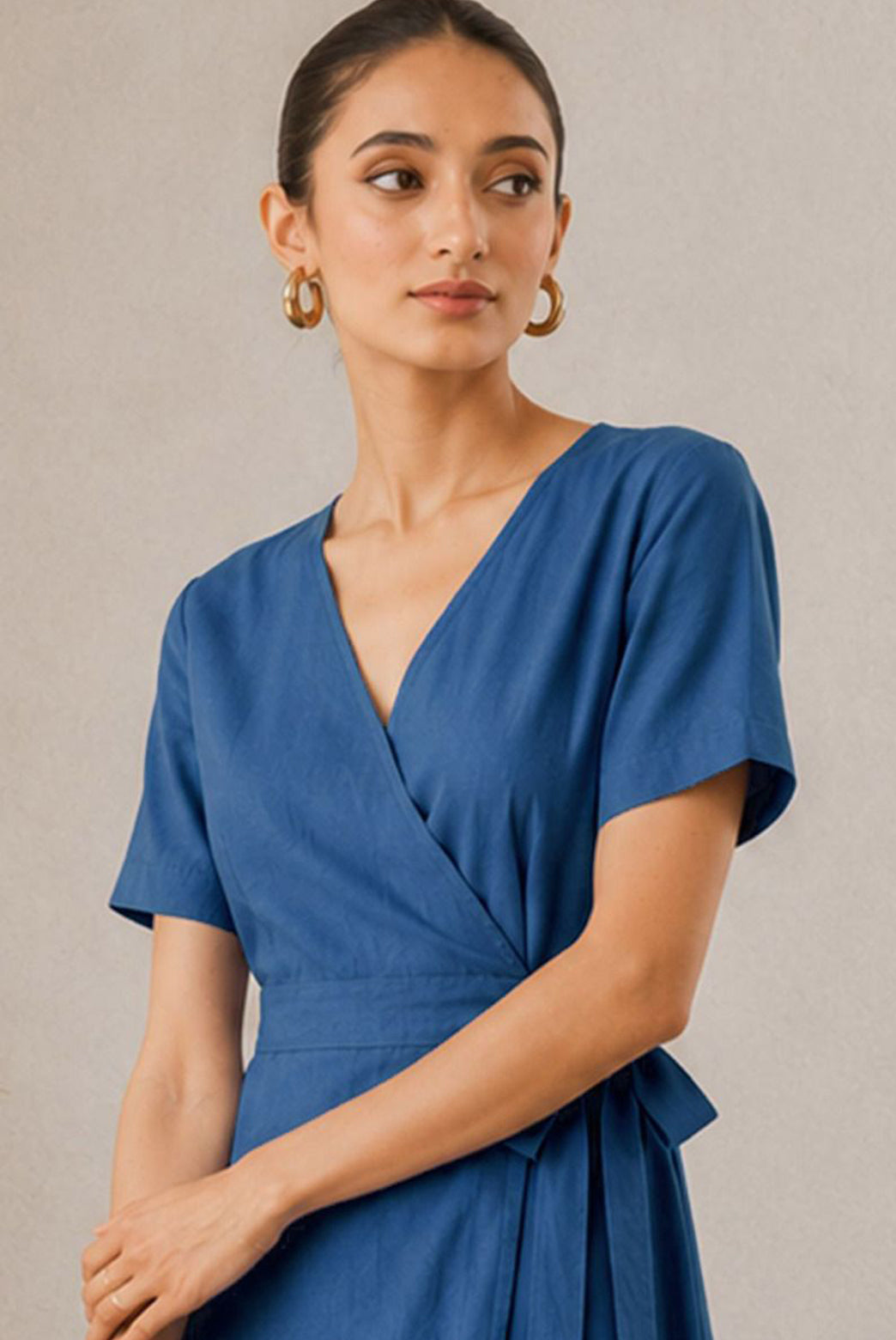 Blue Cotton Flax Wrap Maxi Dress
