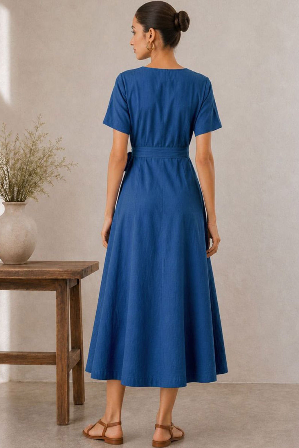 Blue Cotton Flax Wrap Maxi Dress