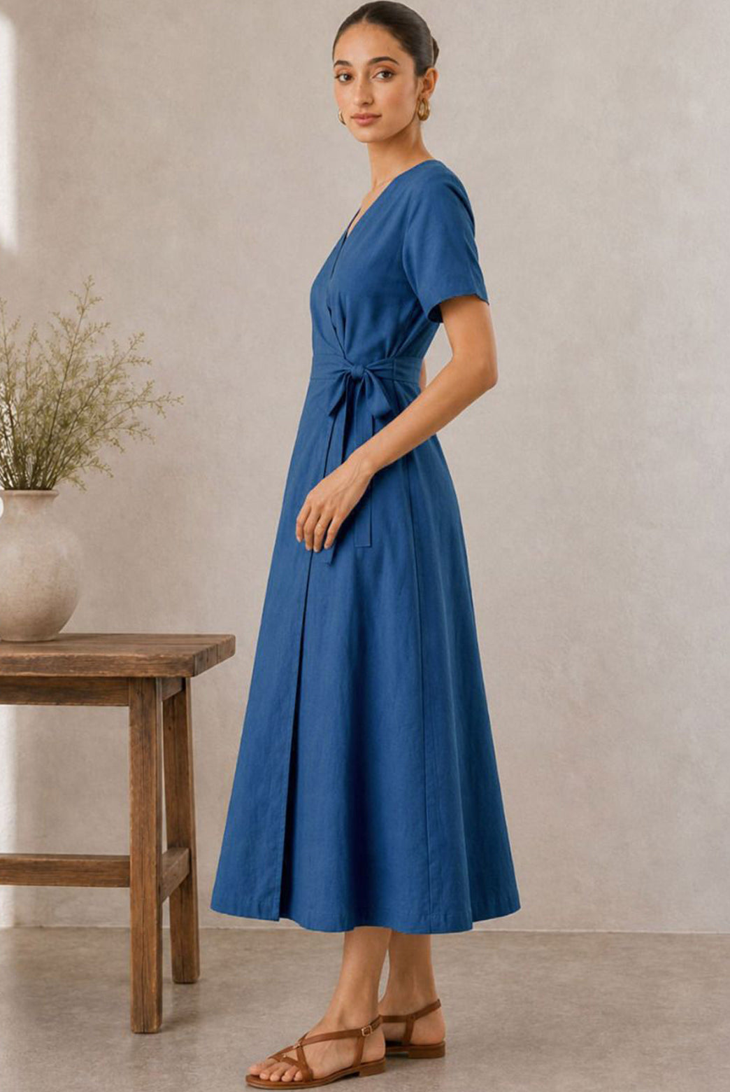 Blue Cotton Flax Wrap Maxi Dress