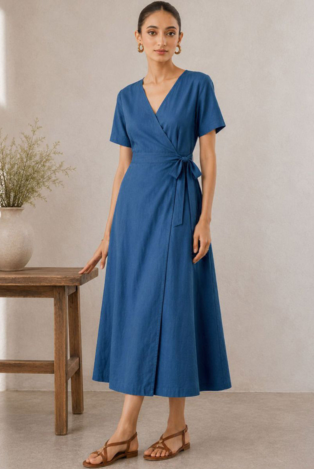 Blue Cotton Flax Wrap Maxi Dress