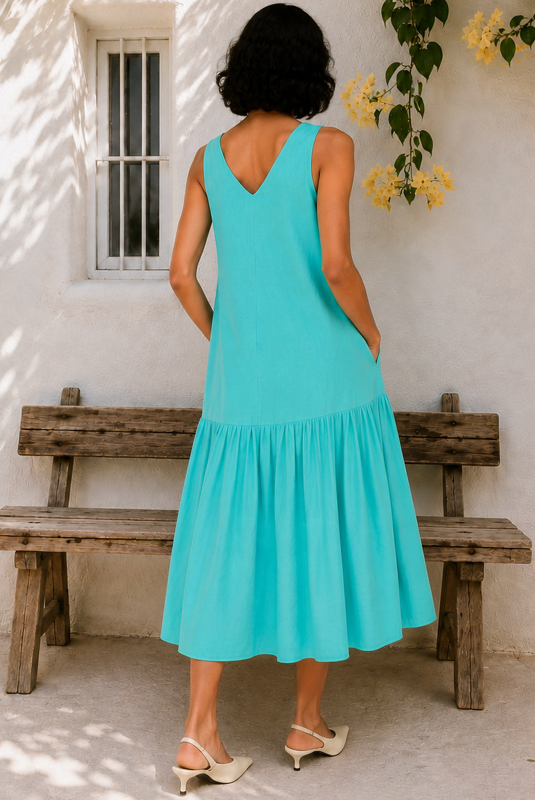 Turquoise Cotton Poplin Midi Dress