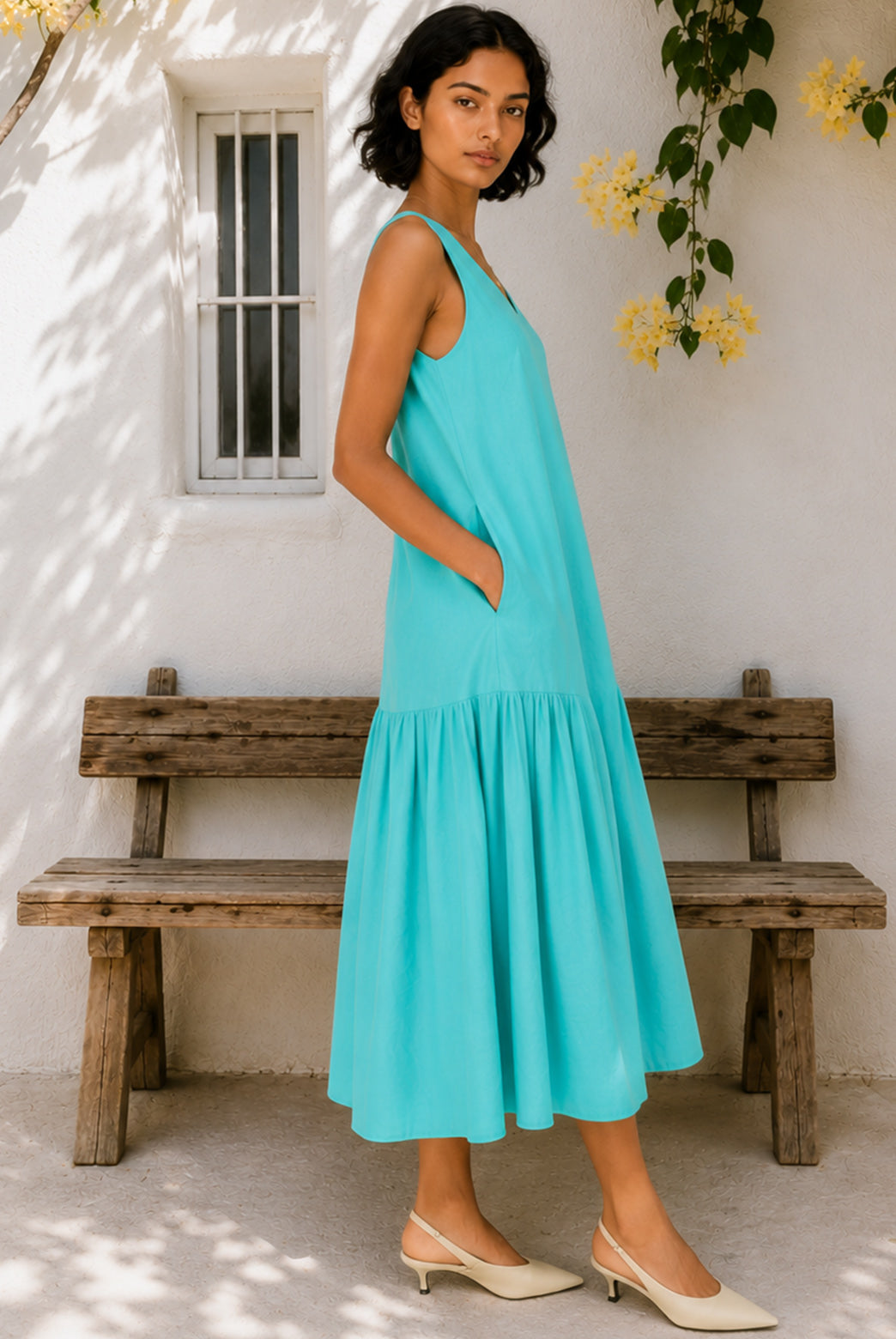 Turquoise Cotton Poplin Midi Dress