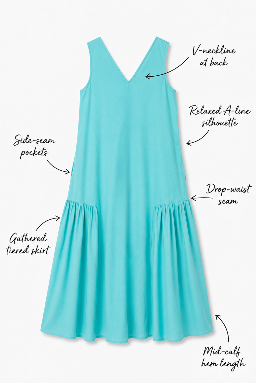 Turquoise Cotton Poplin Midi Dress