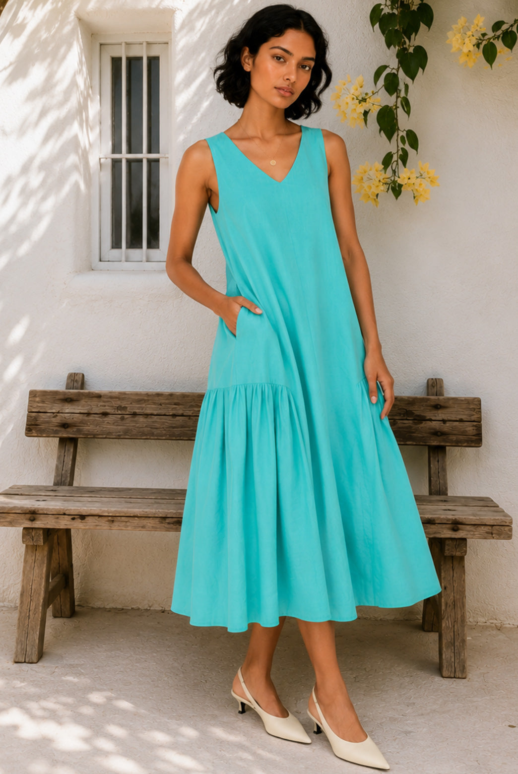 Turquoise Cotton Poplin Midi Dress