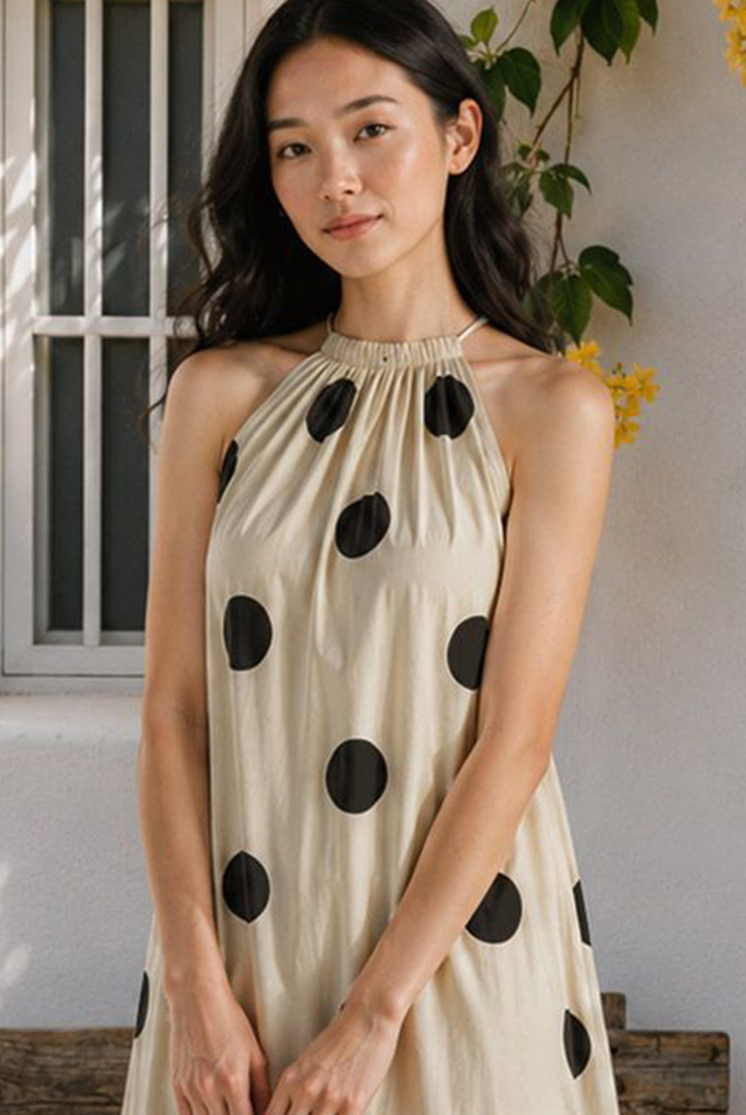 Beige Polka Dot Cotton Maxi Dress