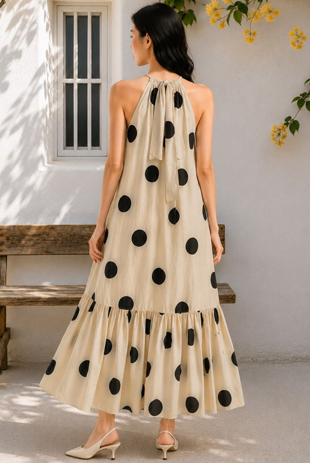 Beige Polka Dot Cotton Maxi Dress