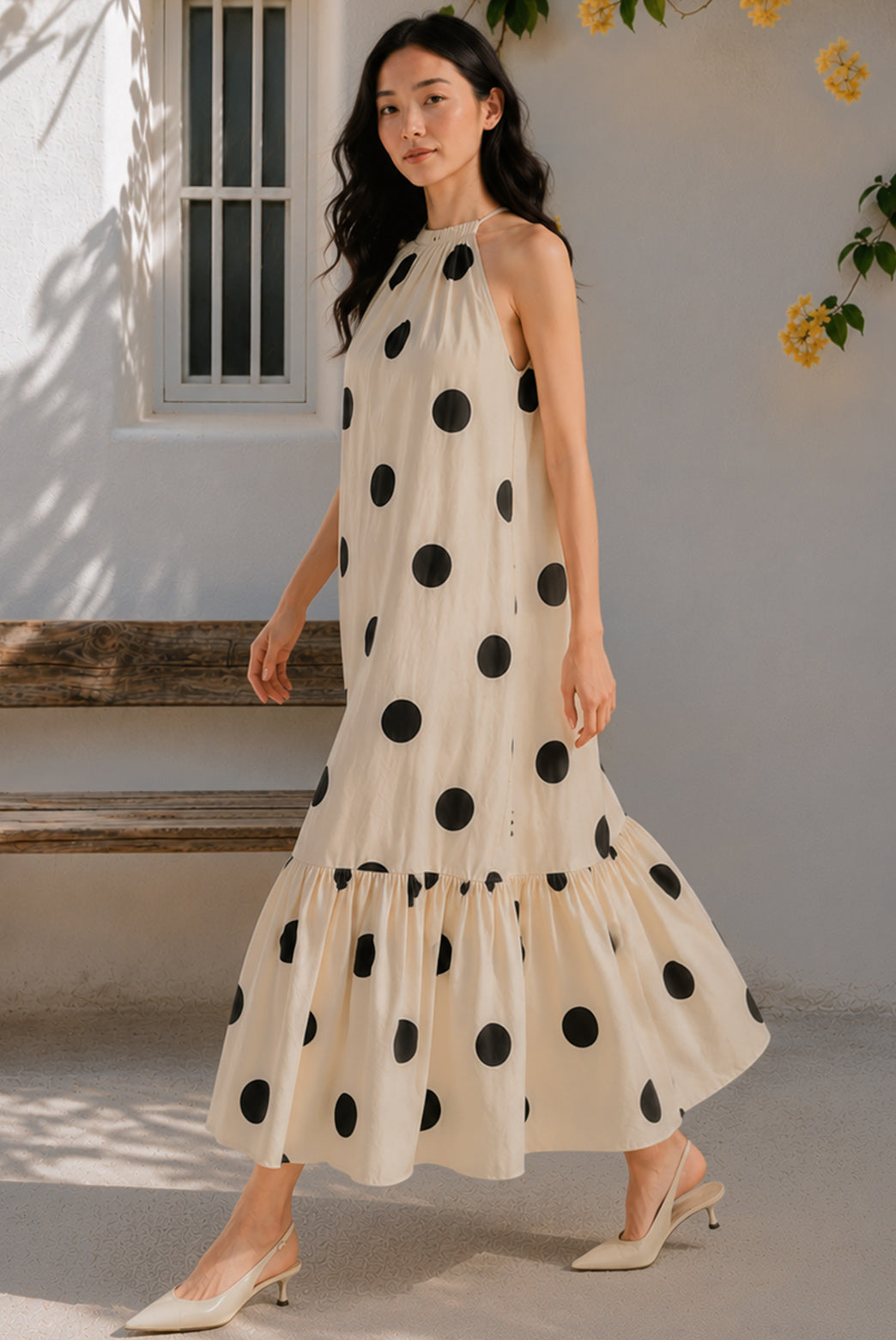 Beige Polka Dot Cotton Maxi Dress