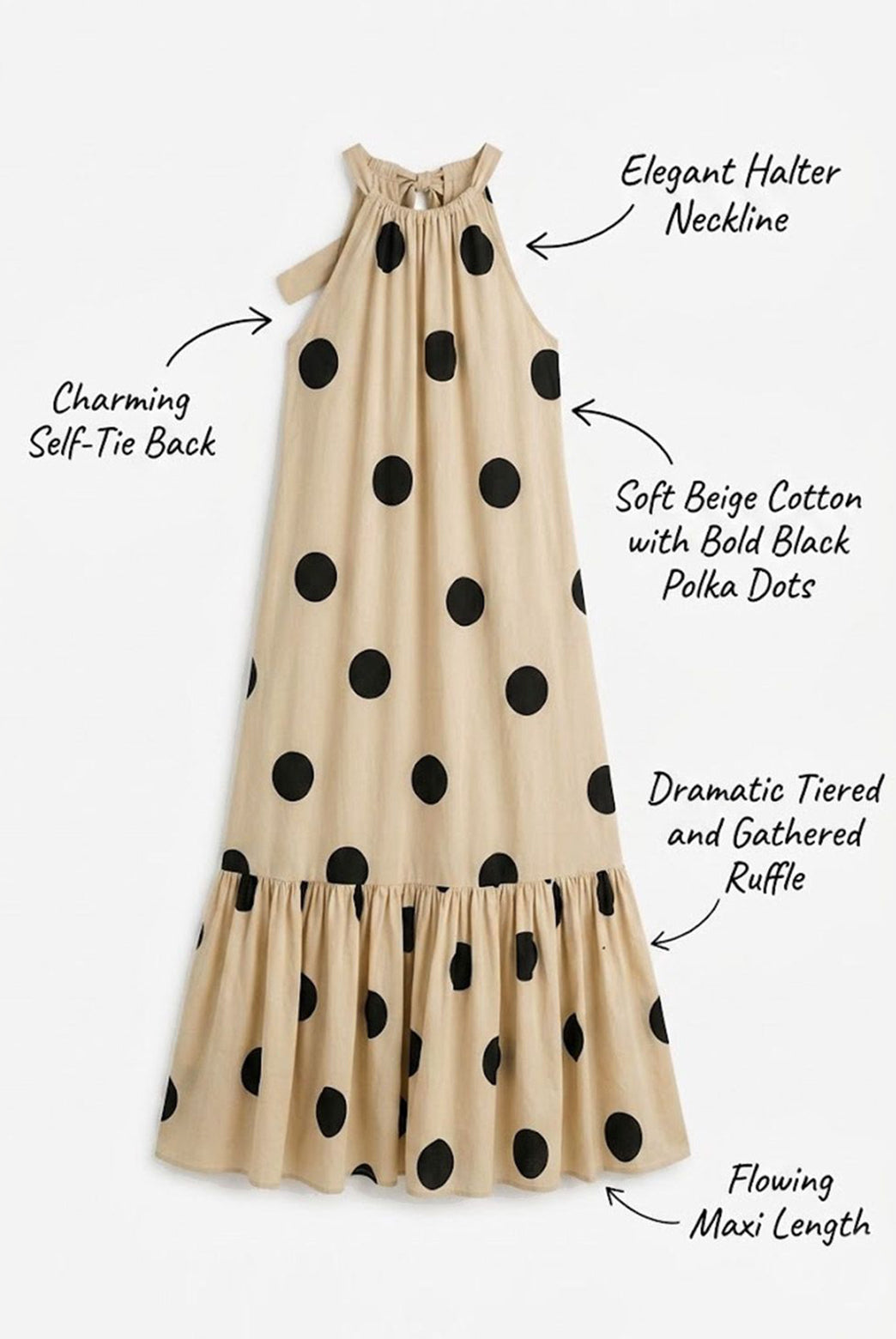 Beige Polka Dot Cotton Maxi Dress