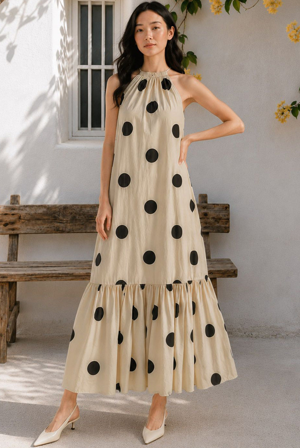 Beige Polka Dot Cotton Maxi Dress
