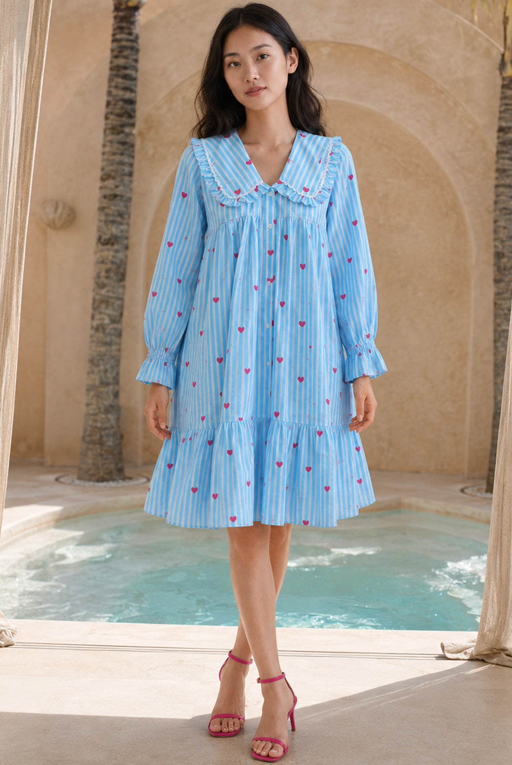 Blue Heart Print Peter Pan Dress