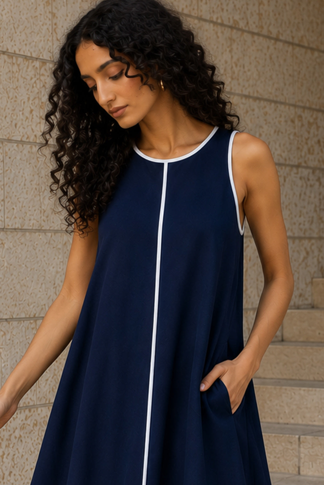 Navy A Line Poplin Maxi Dress